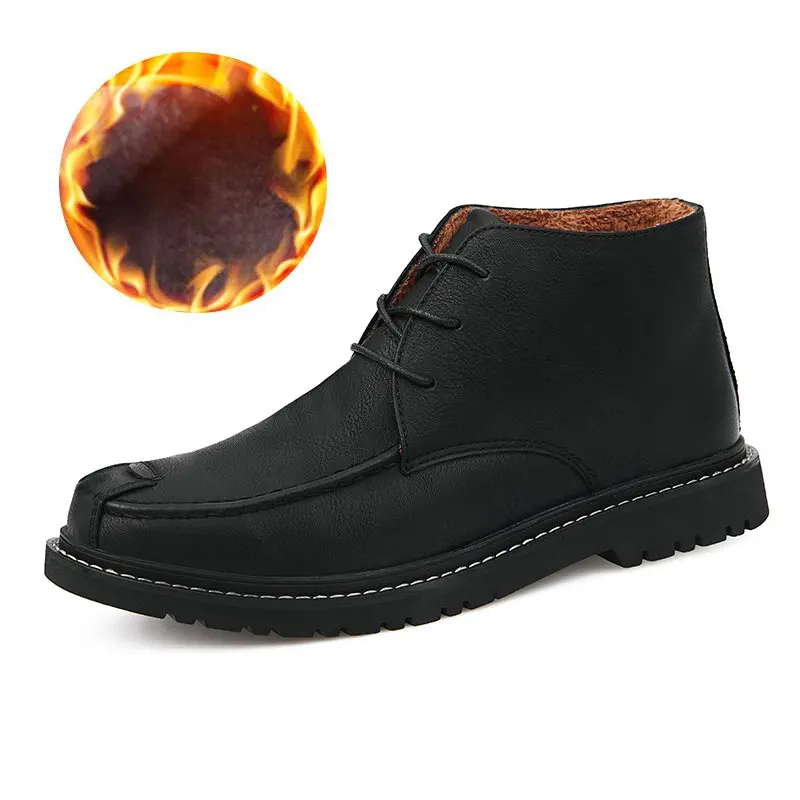 Leather Winter Men Boots Waterproof Warm Fur Snow Boots Men Outdoor Winter Work Casual Shoes Military Combat Ankle Boots 46 47