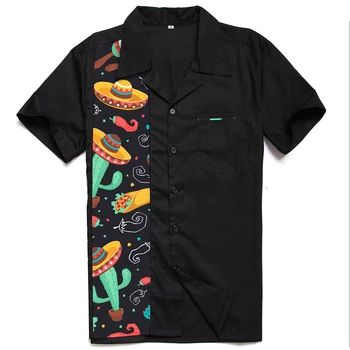 

Streetwear Rockabilly Clothes Vintage Men's Cactus Tacos Button Up Shirts Short Sleeve Western Bowling Blouse
