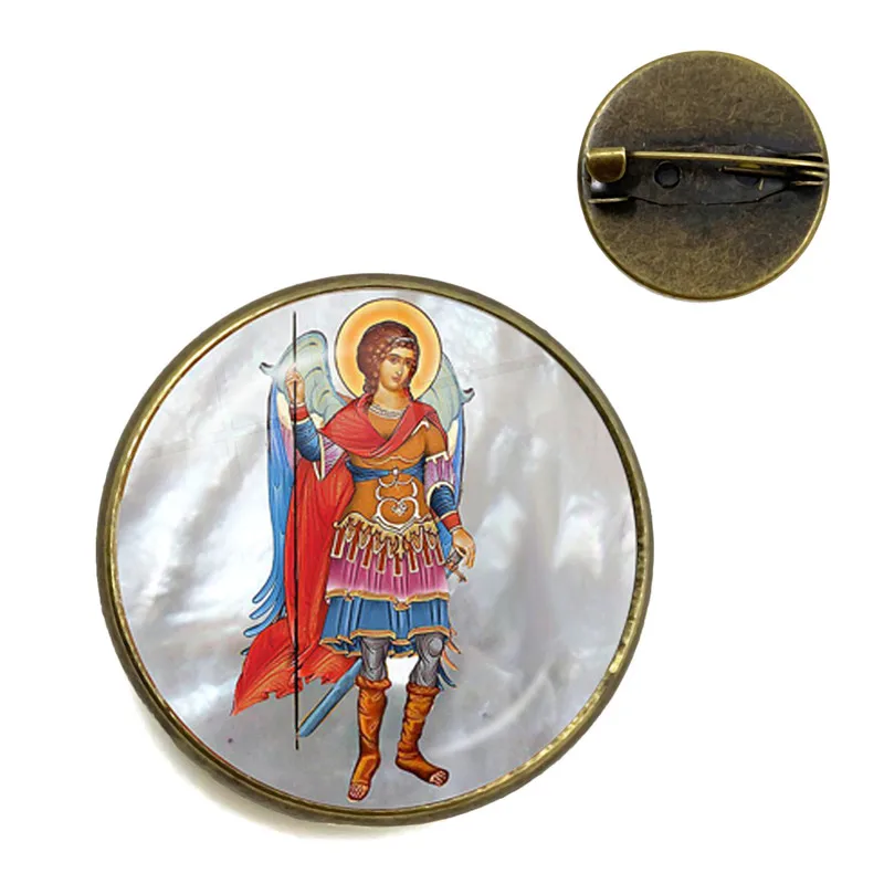 Стеклянная брошь из кабошона Archangel St. Майкл защитит меня, священный щит, защитный Шарм, русский орхокс воротник, булавки для Святого подарка