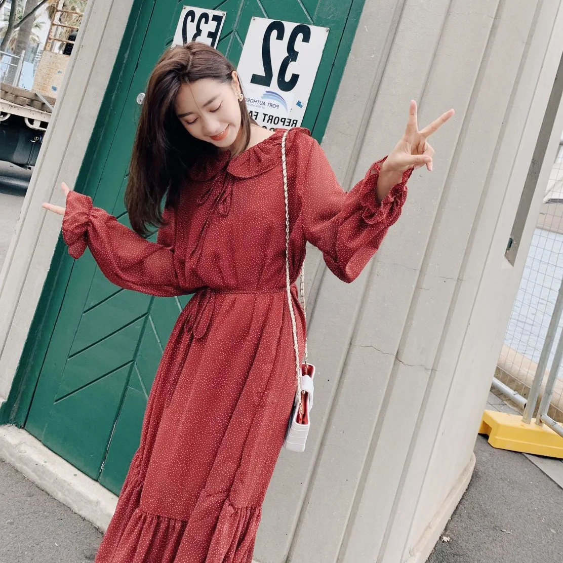 

Photo Shoot CHIC Vacation Style Vintage Red Color Polka Dot Mid-length Flounced Collar Waist Hugging Lace-up Chiffon Dress Women