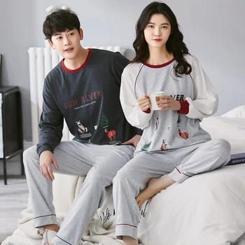 

Crayon Couples Pajamas Long Sleeve Pure Cotton Korean-style Women and Men Autumn and Winter Thin May Outer Wear Clothes at Home