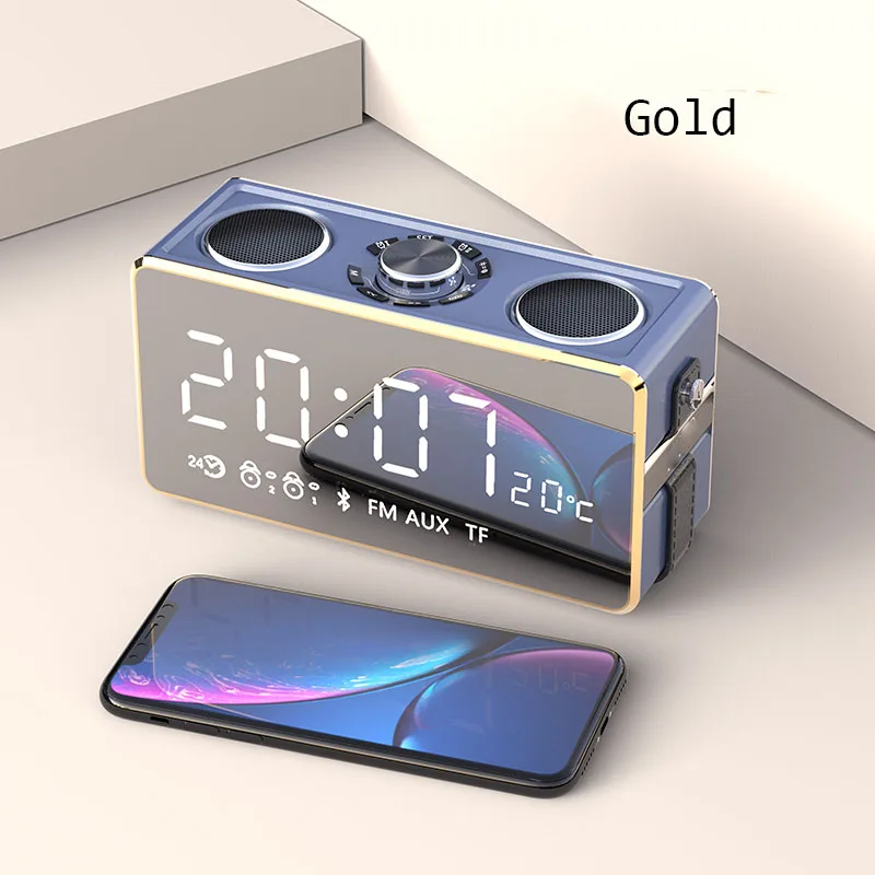 Умный Будильник беспроводной Bluetooth Fm радио светодиодная цифровая Поддержка Tf карта Aux сабвуфер музыкальный плеер Повтор часы - Цвет: Gold