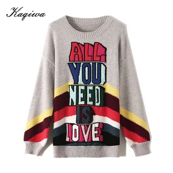 

2020 autumn winter New women's crewneck rainbow stripe letter jacquard loose long-sleeved age reduction sweater