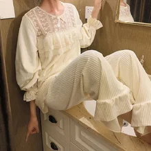 Модные теплые плотные бархатные женские пижамные комплекты с двойным лицом элегантные белые кружевные пижамы с длинными рукавами Повседневная одежда для сна из 3 предметов