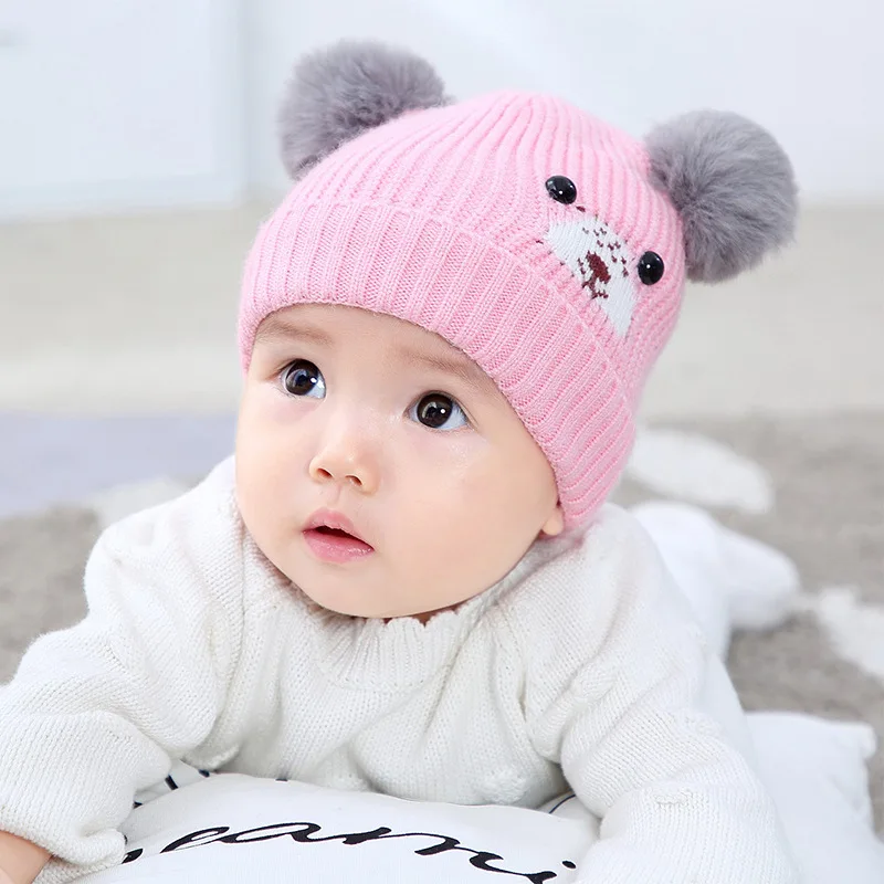 Зимние теплые шапки для маленьких мальчиков и девочек капот Enfant вязаные шерстянные шапки Носки с рисунком медведя из мультика Мягкая вязаная шапочка шапка для маленьких детей от 3 мес. до 18 мес., аксессуары для малышей - Цвет: Pink