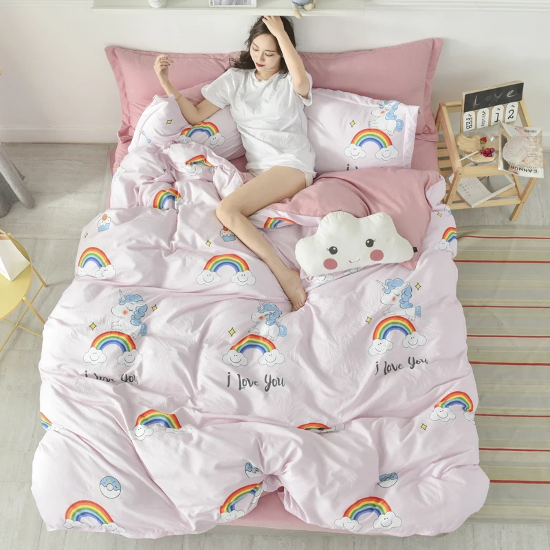 Little Fresh Style Washed Cotton 4pcs Duvet Cover Bed Sheet Pillowcase Rainbow Horse Butterfly Flowers Leaves Full Queen King