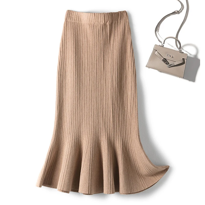 

Elegant Women Office OL Knitting Skirts High Waist Winter Mermaid Bodycon Large Stretch Vintage Knee Length Lady Pencil Skater