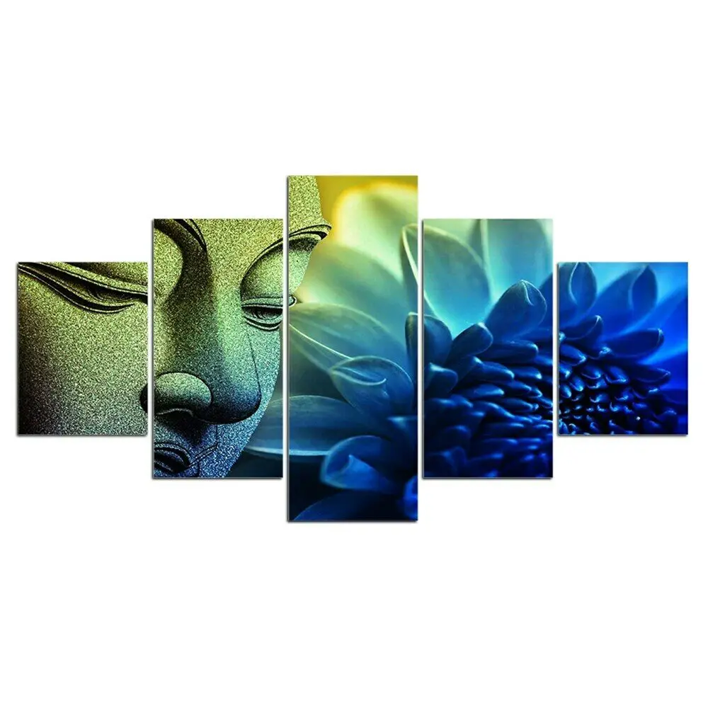 

5 Pieces Canvas Pictures Print Wall Art Canvas Blue Lotus Buddha Statue Paintings Wall Decorations for Living Room No Framed