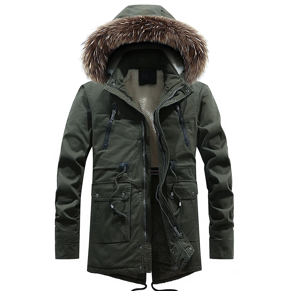 Мужская зимняя длинная Повседневная куртка с меховым воротником и капюшоном, новинка, Мужская модная теплая флисовая Толстая хлопковая парка - Цвет: Army 68