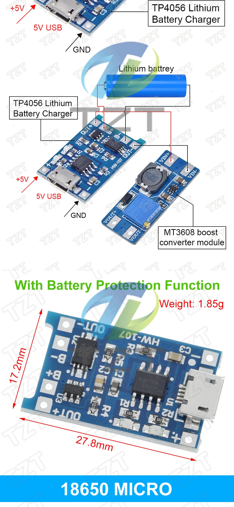 1/5PCS Micro USB 5V 1A 18650 TP4056 Lithium-Batterie Ladegerät Modul Lade Board Mit Schutz dual Funktionen 1A Li-Ion – Detail 3