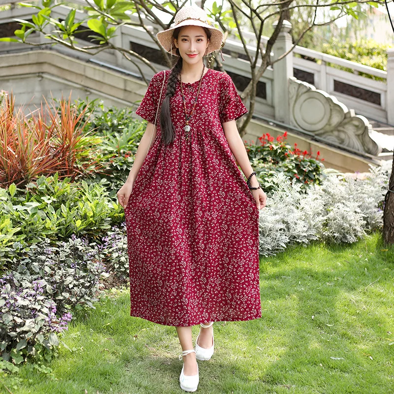 

Loose Cotton Linen Printed Short-sleeve Dress Women's Summer 2019 New Style Retro Mid-length Big Hemline Skirt