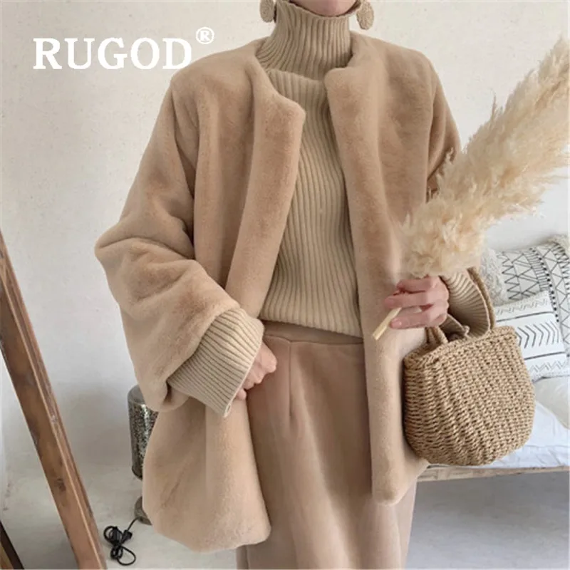 RUGOD, пальто для женщин,, корейский стиль, шикарный, однотонный, Искусственный Кролик, теплые куртки, женские, свободные, повседневные, для девушек, зимнее пальто