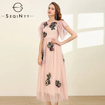 

SEQINYY Midi Dress 2020 Summer Spring New Fashion Design Short Sleeve High Quality Embroidery Flowers Mesh Pink Dress