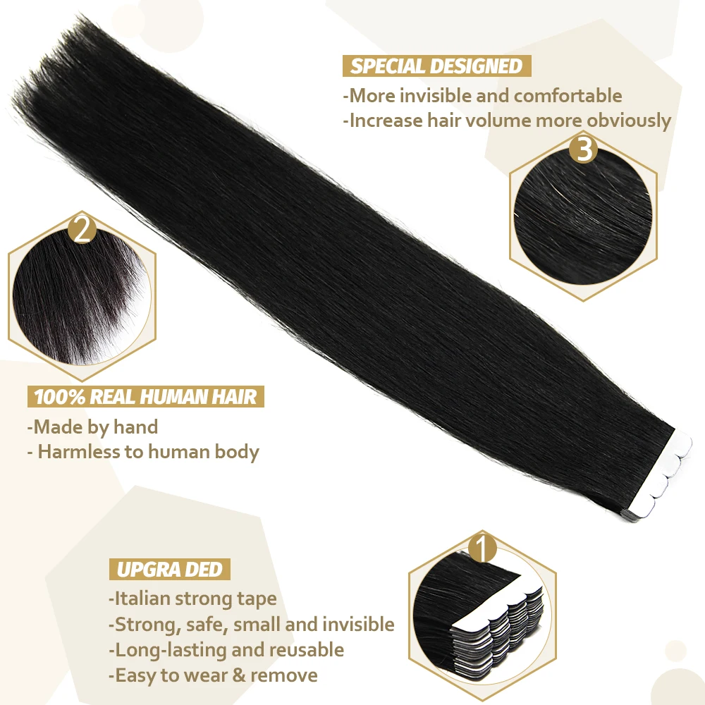 ZURIA Mini Tape In Hair Extensions Machine Remy Natural Hair Extensions Human Hair Straight 20 Inchs Seamless Adhesive Skin Weft