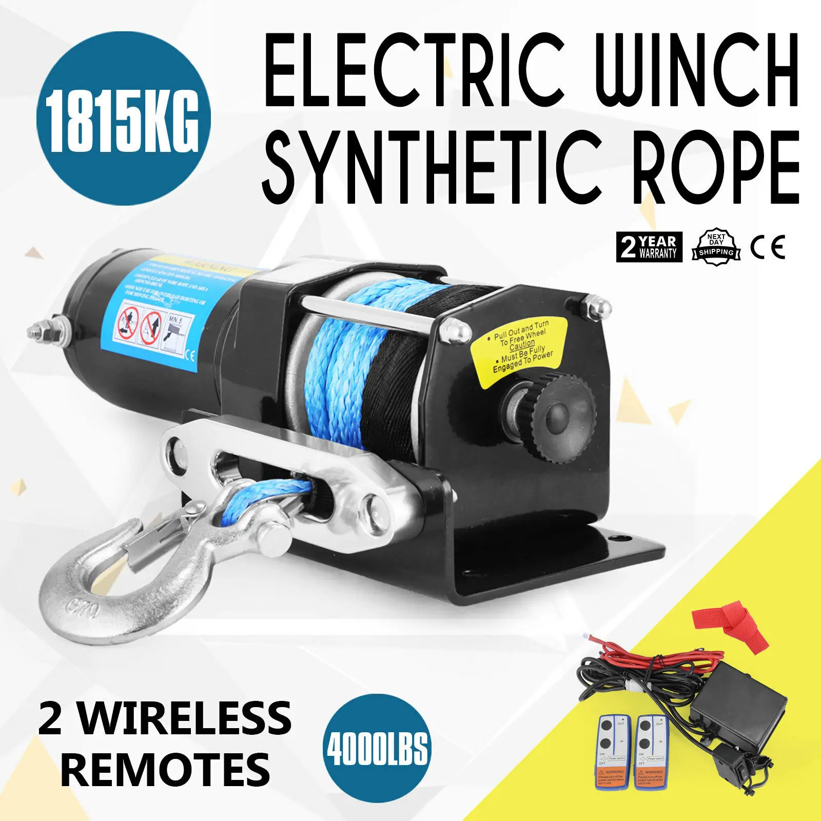 

4000lbs/1815kg Electric Winch Synthetic Rope ATV 4WD Boat 12v Wirless Remotes