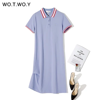 

WOTWOY Summer Cotton Knitted Dress Women 2020 Embroidery Ribs Button Women Dresses Casual Mid-Calf Turn Down Collar Women Dress