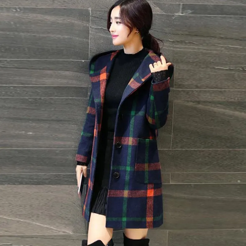 Пальто в британском студенческом стиле в клетку Inha с капюшоном, шерстяное пальто средней длины, клетчатое пальто для женщин M-2XL