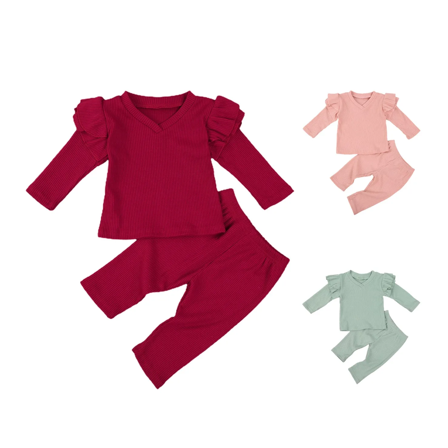 

2020 New Fall Autumn 0-24M Infant Baby Girl 2Pcs Set V-Neck Ruffled Long Sleeve Top+Pants Toddler Solid Color Warm Clothes