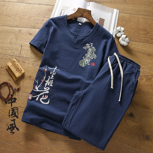 Navy blue Sinicism мужские короткие комплекты летний спортивный костюм мужской комплект одежды с короткими рукавами из хлопка и льна футболка+ штаны комплект из двух предметов для отдыха S-5XL - Цвет: Navy blue