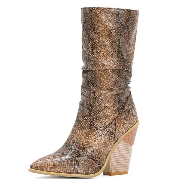 

Black Snake skin Women Boots 2020 Pointed Toe Western Boots Cowboy Boots runway design Chunky Wedges heel Mid-calf Martin Boots