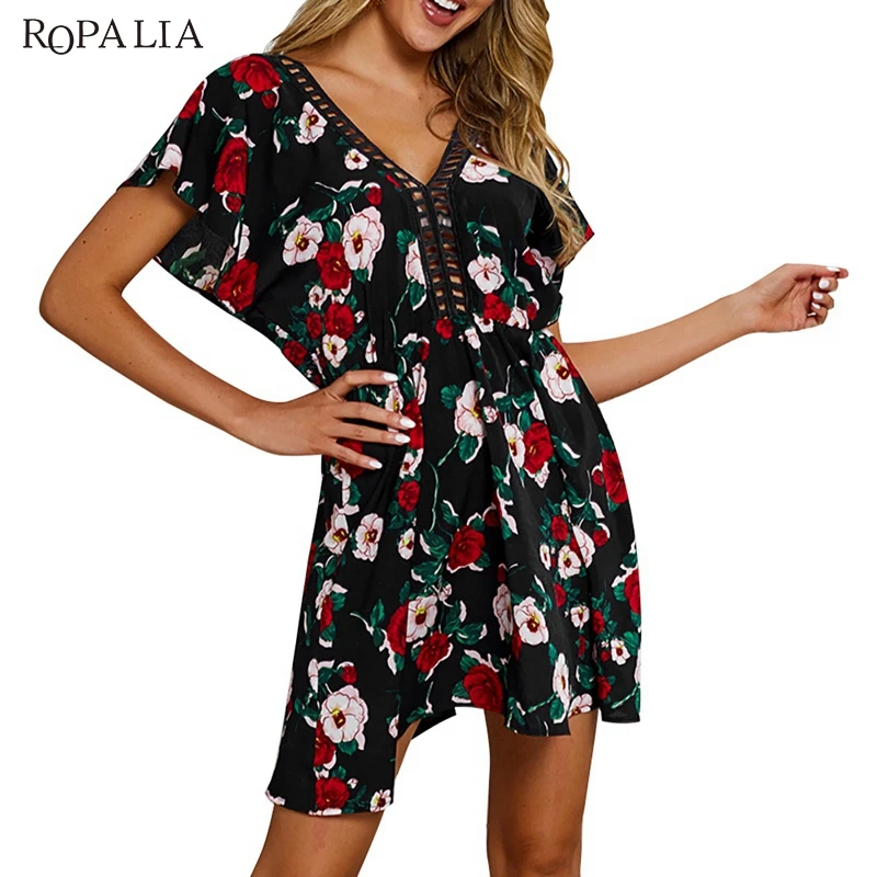 

Short Temperament Dress Women Black Commute V-Neck Floral Print Micro-Sexy Backless Highlight Curve Charm Elegance Dresses