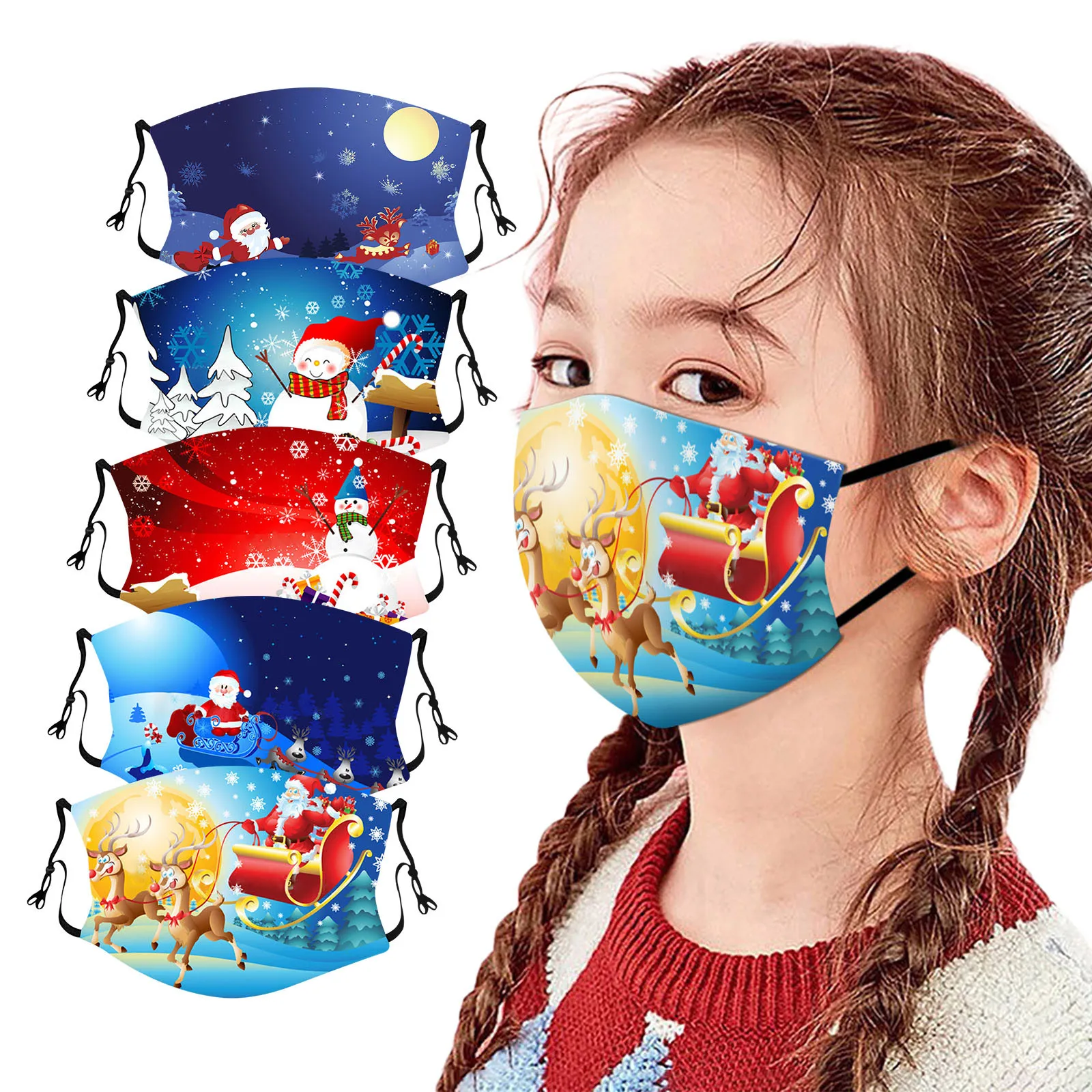 

5PC Adult Christmas Print Breathable Reusable Washable Protective Face Mask Headband cubrebocas infantil mascarillas para niÃ±os
