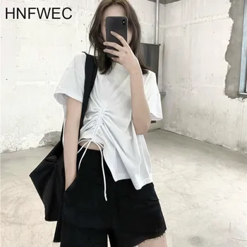 

Pleated Black White T Shirt Fashion New Women Pullover Goddess Fan Drawstring Vintage Small Fresh Casual Tee Top T075