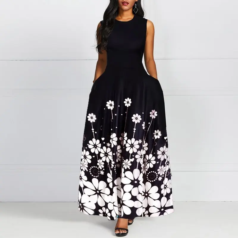

Sleeveless Floral Print Vintage A Line Women Maxi Dress Female Round Neck Retro Standard-Waist Dress 2019 Autumn Winter Trendy