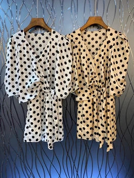 

2020 Spring and Summer New Women's V-neck Irregular Cut Waist Kink Polka Dot Printed Jumpsuits 421