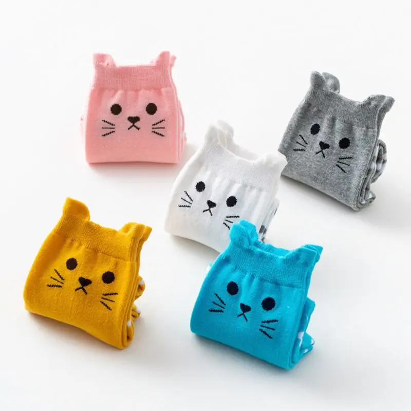 THINKTHENDO, 5 пар, женские хлопковые носки с мультипликационным принтом мяу кота, носки с объемными ушами и принтом в виде лап, чулочно-носочные изделия, подарок
