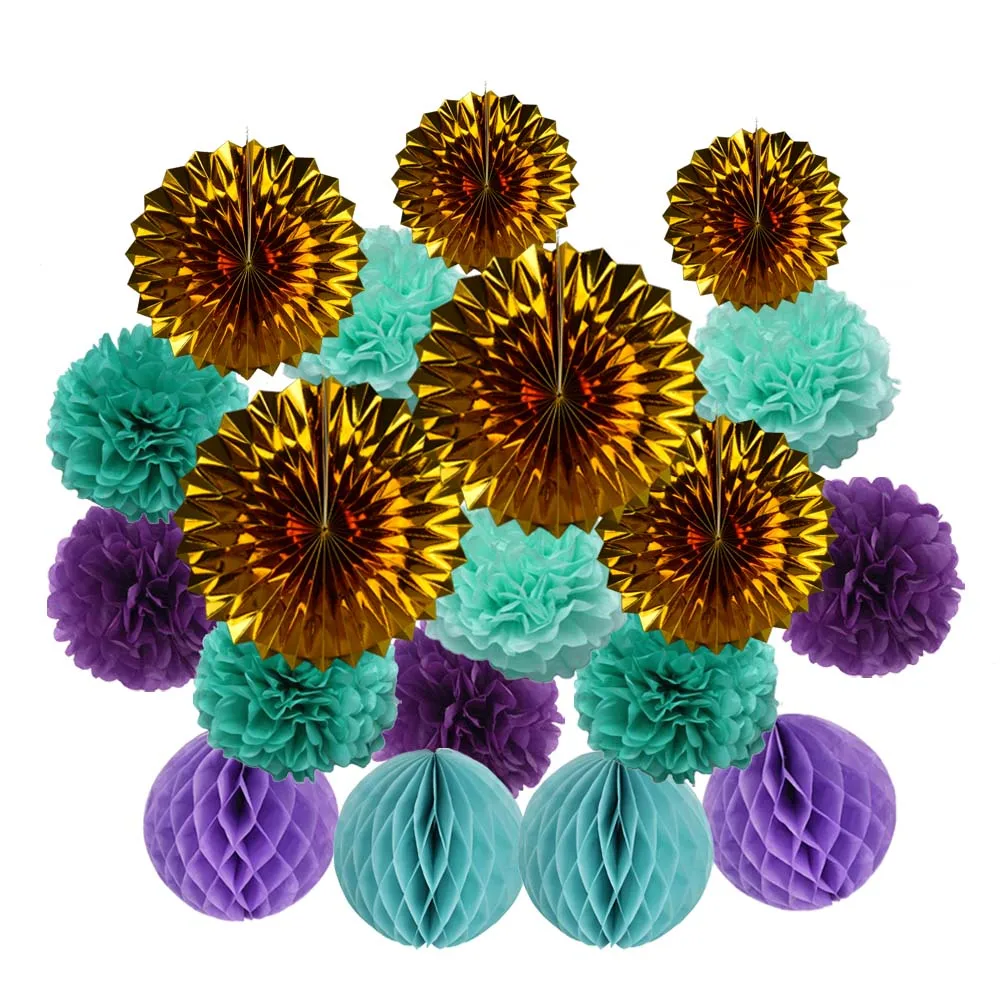 New Design Mermaid Party Favor Gold Purple Mint Paper Crafts Kids Baptism Decoration Hanging Fan Pink Wedding Decor Items | Дом и сад