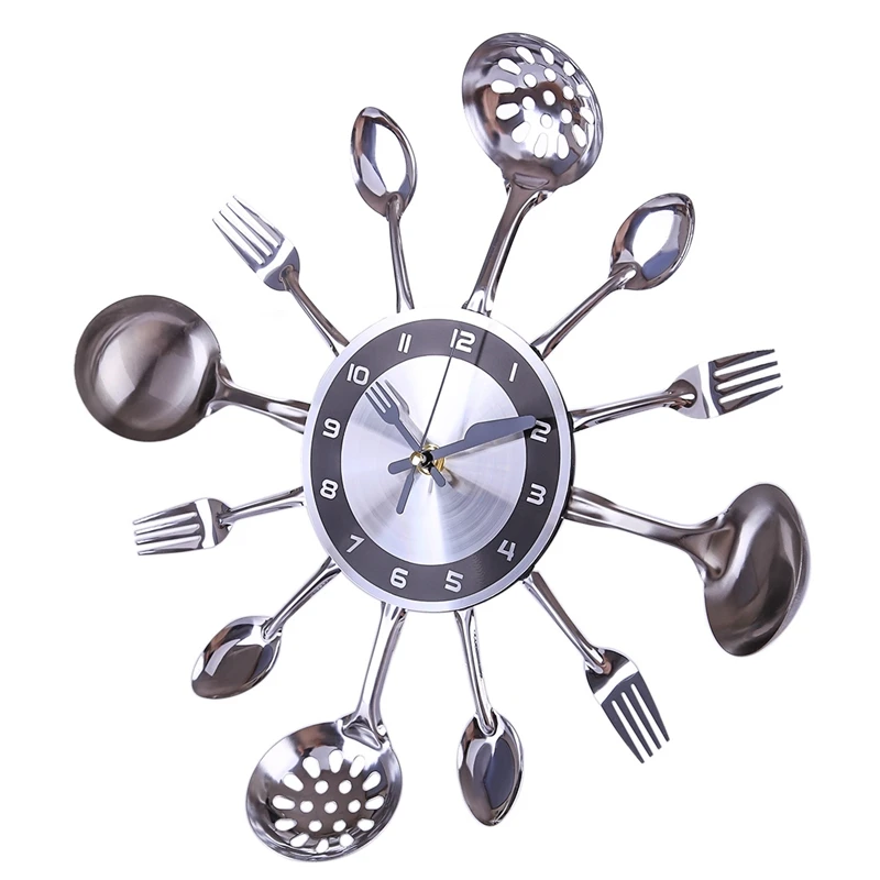 Настенные часы из нержавеющей стали и вилки, металлические ножи и вилки, настенные часы, бесшумная сканирующая посуда, тарелки, настенные часы