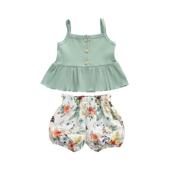 

Baby Girls Summer Suits Suspender Vest Shorts 2-Piece Set Sleeveless Flouncing Pleated Light Green Elastic Shirt Summer