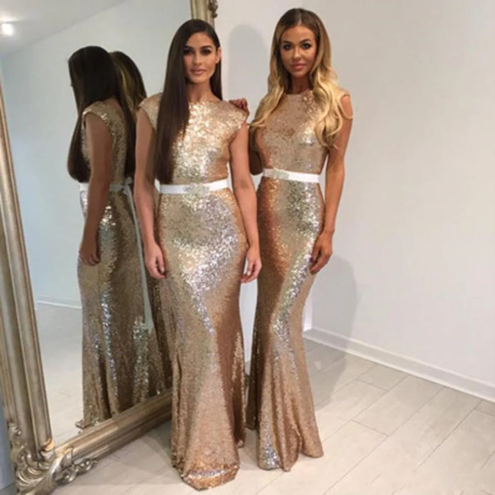 

2022 New Glitter Rose Gold Sequins Bridesmaid Dresses with Belt Cap Sleeves Mermaid Formal Dress Long Evening Gowns Custom Made