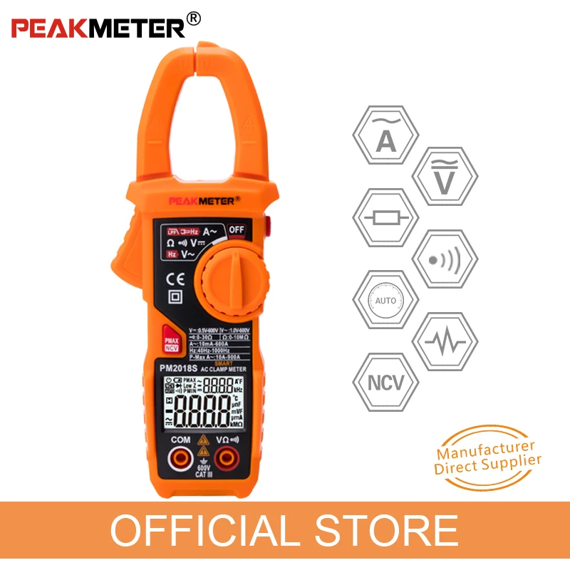 

PEAKMETER PM2018S Portable Smart AC Digital Clamp Meter Multimeter AC Current Voltage Resistance Continuity Measurement Tester