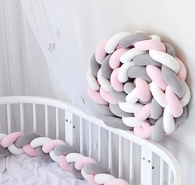 PinkGray-L 3M Baby Handmade Nodic Knot Newborn Bumper Long Knotted Braid Pillow Baby Bed Bumper In The Crib Infant Room Decor - Цвет: PinkGray-L