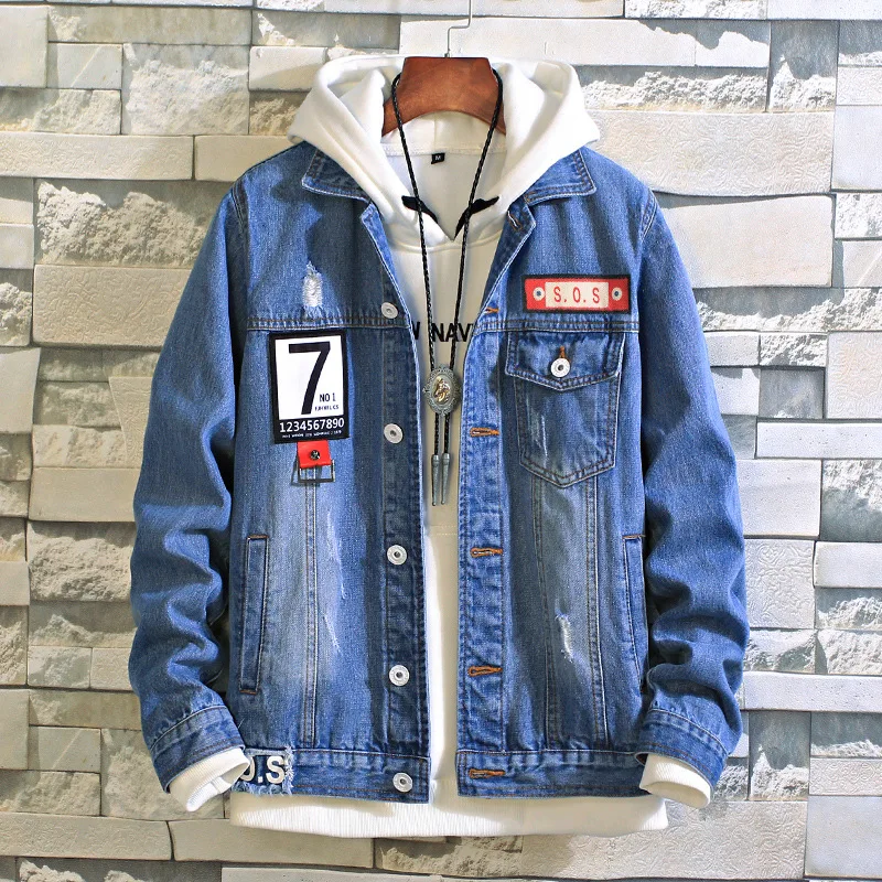 Spring And Autumn New Style Fashion Labeling Cowboy Clothing Men Printed with Holes Denim Jacket Youth Large Size