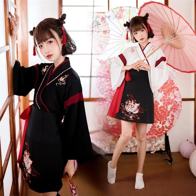 

Woman Japanese Dress Kimono Sweet Cat Embroidery Yukata Haori Cosplay Skirt Tops Set Full Sleeve Ancient Oriental Clothing