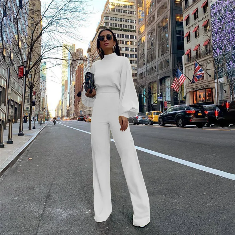 Turtleneck Lantern Sleeve Loose Women Jumpsuit Tunic Wide Leg Flare Pants Elegant Overalls Yellow White Black Combinaison Femme Turtleneck Lantern Sleeve Loose Women Jumpsuit Tunic Wide Leg Flare Pants Elegant Overalls Yellow White Black Combinaison Femme