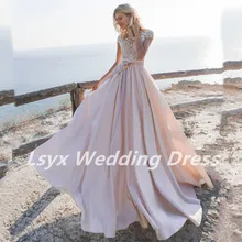 

Elegant Pink A-Line Wedding Dress 2021 Stain Bow Sashes Design Lace Applique Long Court Train O-Neck Charming For Women Romantic