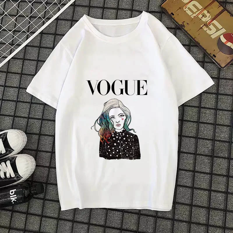Summer New 2020 Fashion T shirt Women VOGUE letter print Harajuku Tshirt O-neck Short Sleeve T-shirt White Tops Female Clothing