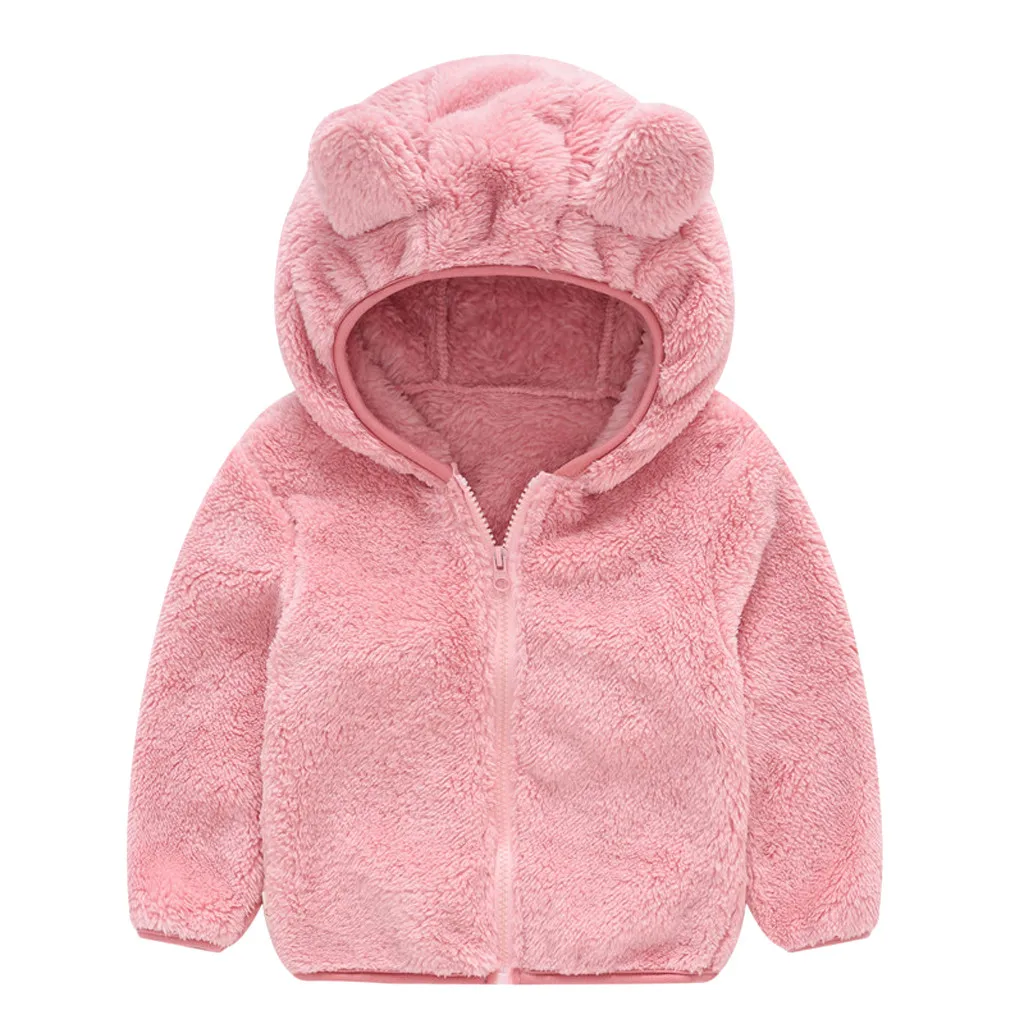 Oeak/зимняя одежда для малышей Детская куртка на молнии с длинными рукавами и милыми ушками для мальчиков и девочек однотонное плотное хлопковое пальто с капюшоном теплая одежда - Цвет: pink