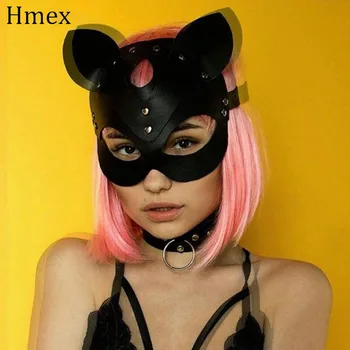 

Women Leather Cat Mask Punk Cat Head With Ears Mask Female Carnival Party Black Face Mask Catwoman Cosplay Fetish Hood