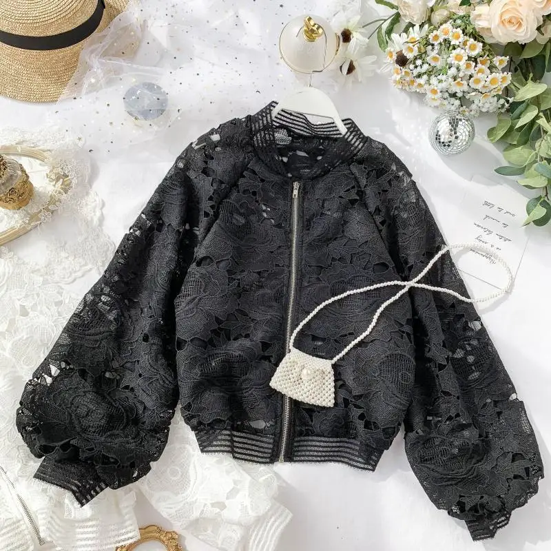Foamlina, свободное Женское пальто, Цветочная кружевная куртка, пальто, новинка, шикарное, белое, черное, ажурное, кружевное, с длинным рукавом, на молнии, тонкое пальто, куртка