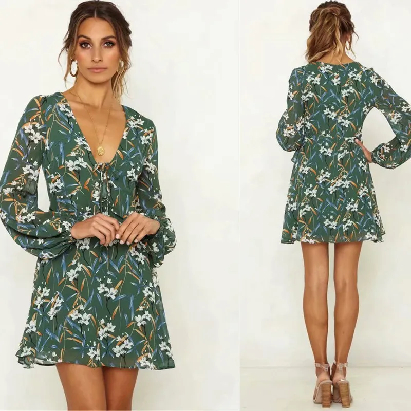 

19 Europe And America Spring New Style Lantern Sleeve Floral Printed Chiffon V-neck Dress Autumn Long Sleeve A- line Skirt Sub-