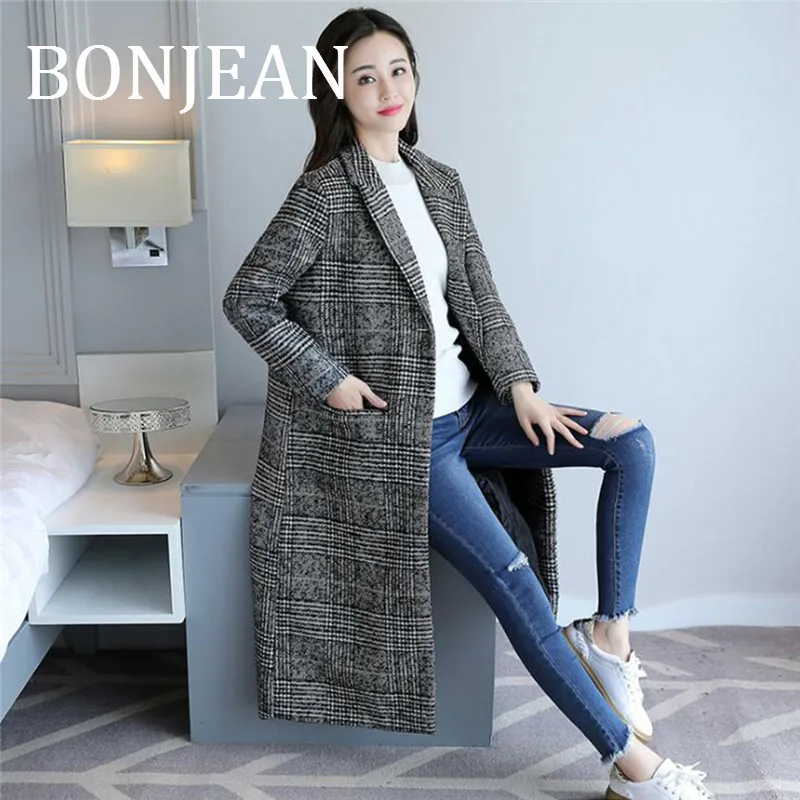 

BONJEAN 2019 Autumn Outerwear Women Wool & Blends Wide-waisted Long Plaid Coat Fashion Turn-Down Collar Woolen Coats BJ1824