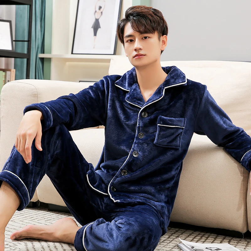 Winter Flannel Pajamas Men PJ Full Sleeves Home Clothes Blue Warm Pijama Hombre Thicken Sleepwear Coral Fleece Pyjama Homme