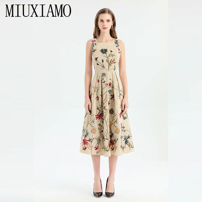 MIUXIMAO, высокое качество,, весеннее платье с цветочной вышивкой, роскошное, длинный рукав, элегантное, Сельма, повседневное, льняное платье для женщин, vestidos