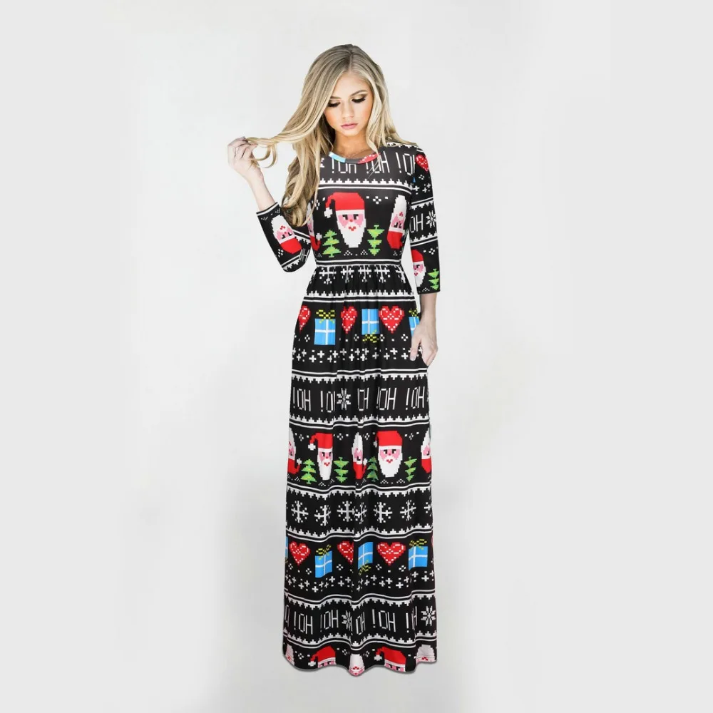 Осенне-зимнее длинное платье большого размера d Макси женское с длинным рукавом с изображением новогодней елки женские платья Повседневное платье плюс размер XXXL