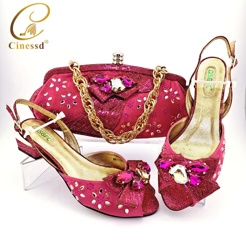 

Fashionable New Coming Mature Style African Women Shoes and Bag Set in Fuchsia Color Leisure Lady Sandal for Party